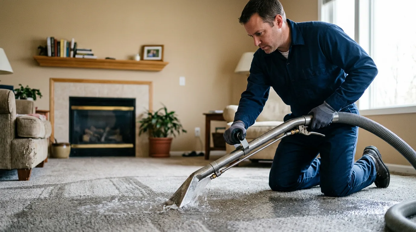 Water damage restoration technician working near Moundridge, KS